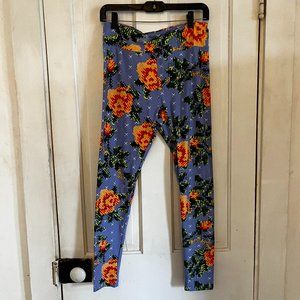LuLaRoe Women’s Blue Floral Leggings Tall & Curvy Size Cotton/Spandex